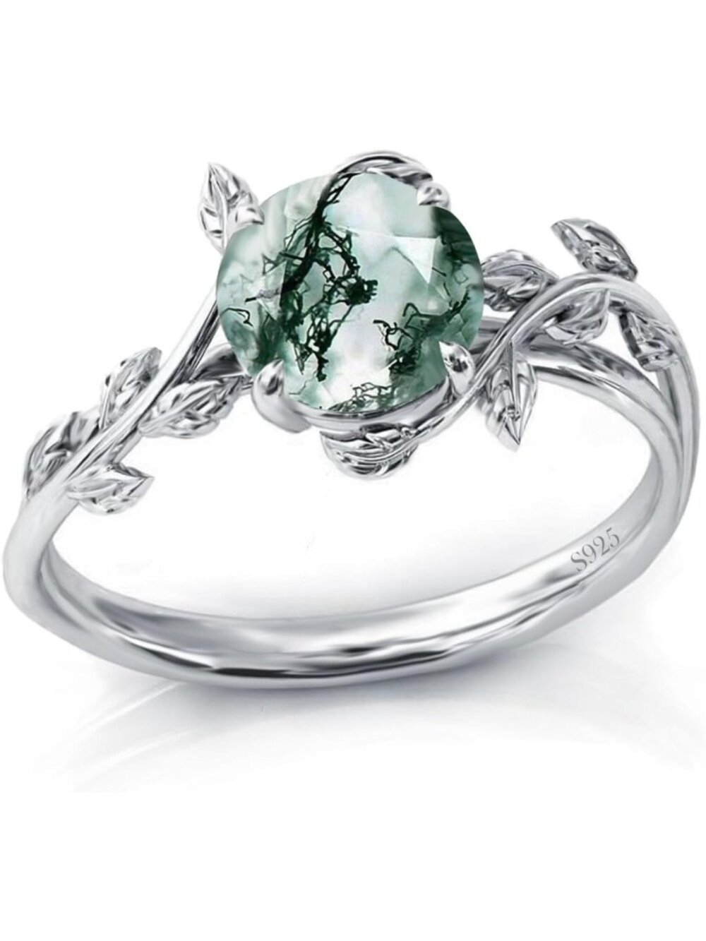 Natural Moss Agate Ring in 925 Sterling Silver - Green Gemstone Engagement